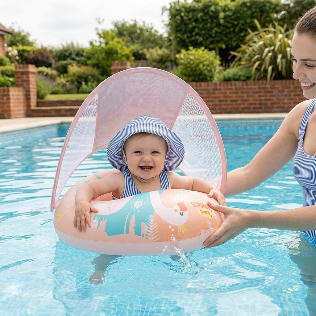 Swan Baby Swim Ring with Sun Canopy – Inflatable Safety Float Seat for Babies