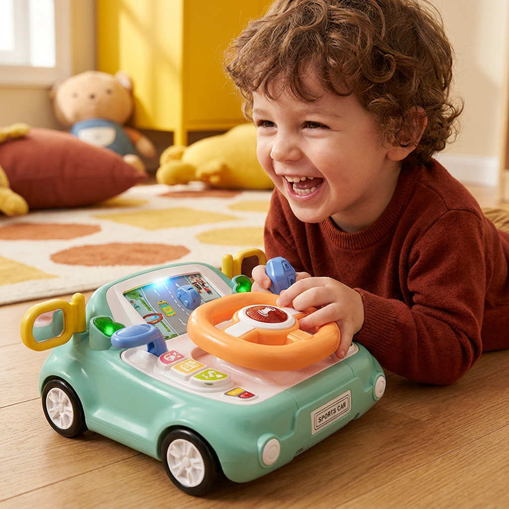 Driving Simulator Toy with Steering Wheel and Screen for Kids