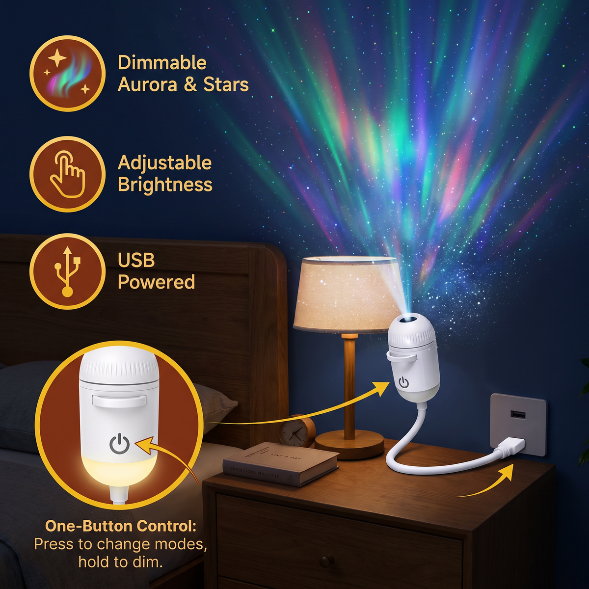NightSky Dimmable USB Galaxy Projector with Stars & Aurora Effects