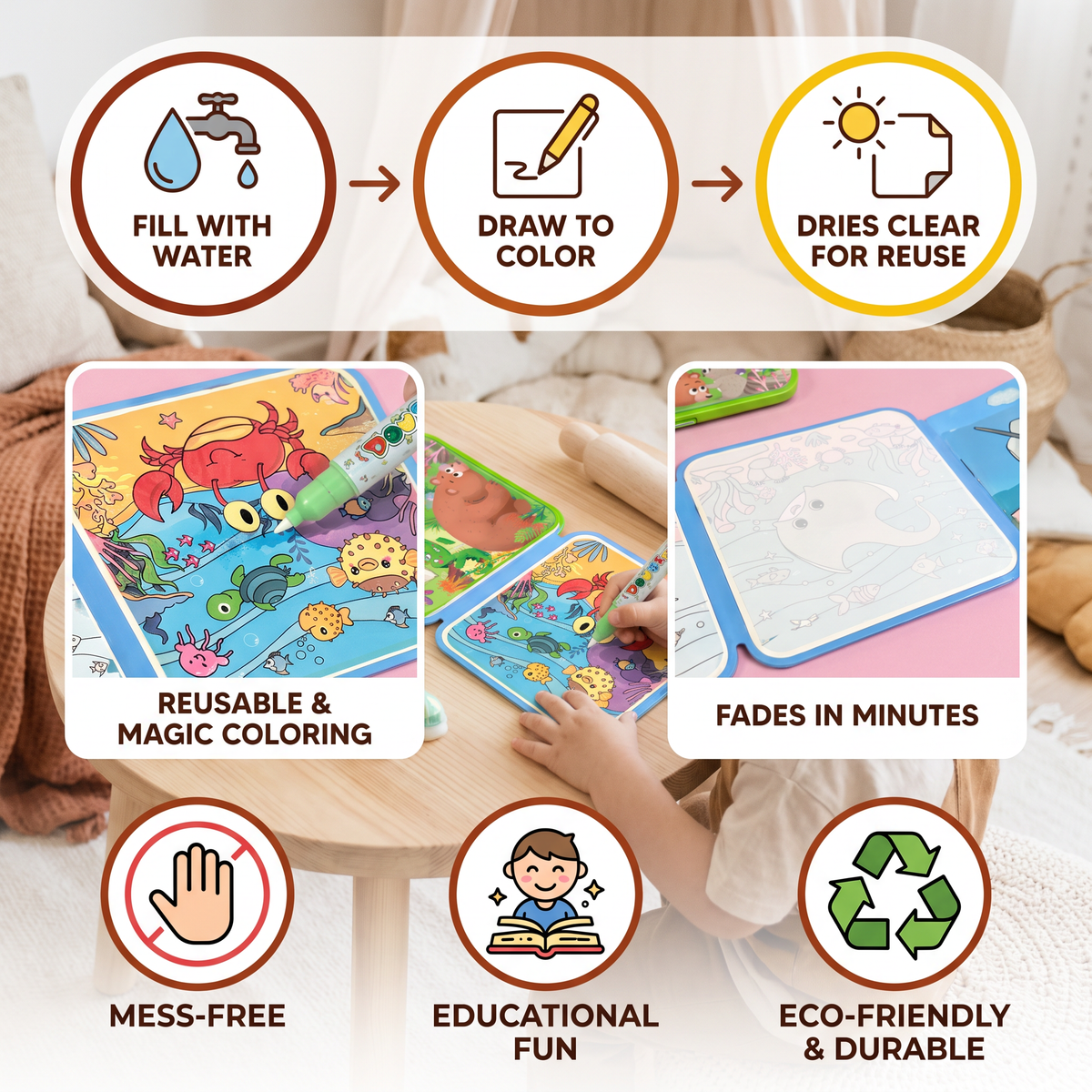 Magic Water Drawing Book – Reusable Mess-Free Colouring Fun