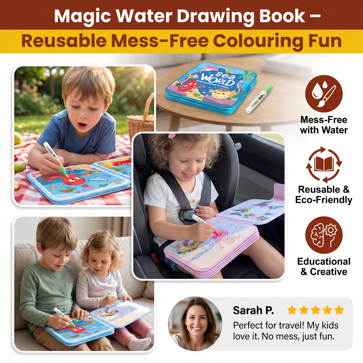 Magic Water Drawing Book – Reusable Mess-Free Colouring Fun