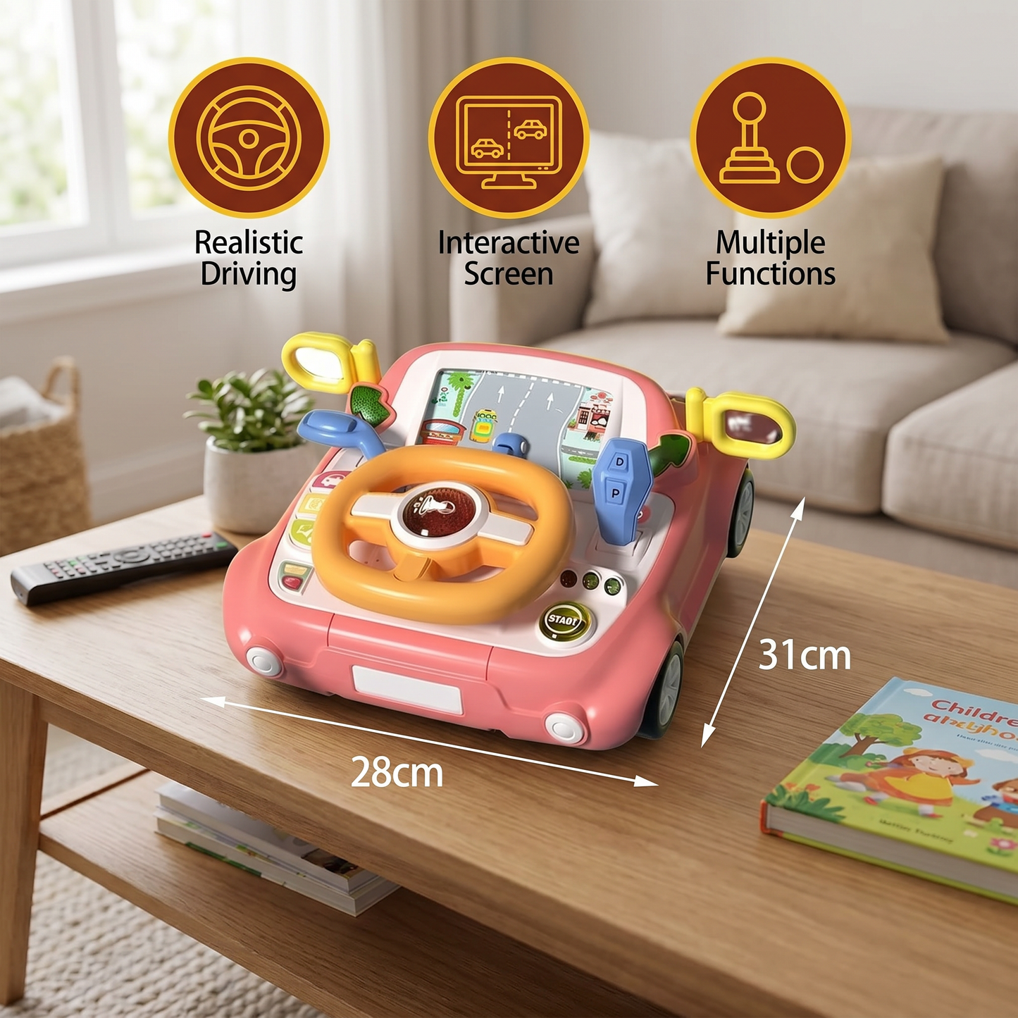 Driving Simulator Toy with Steering Wheel and Screen for Kids