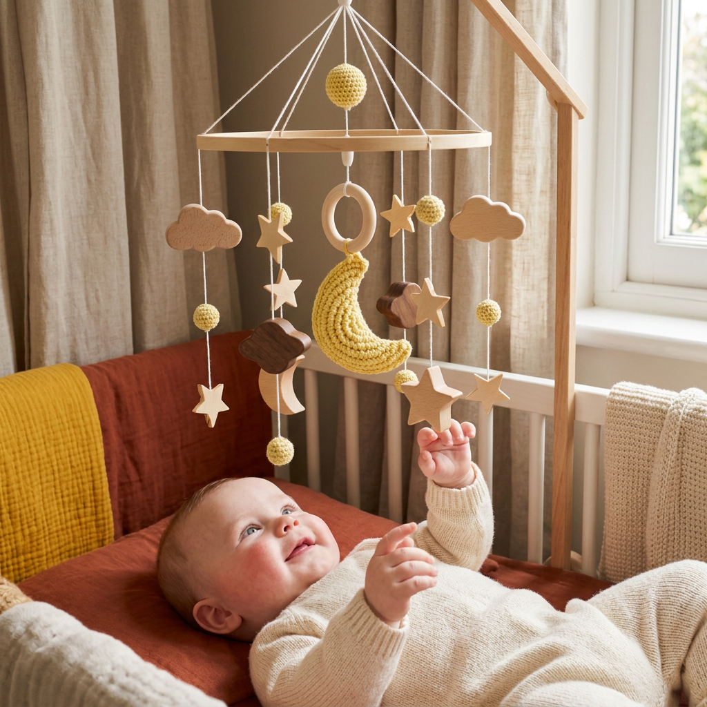 Handmade Wooden Baby Crib Mobile with Crochet Pendants – Soothing Bed Toy for Newborns
