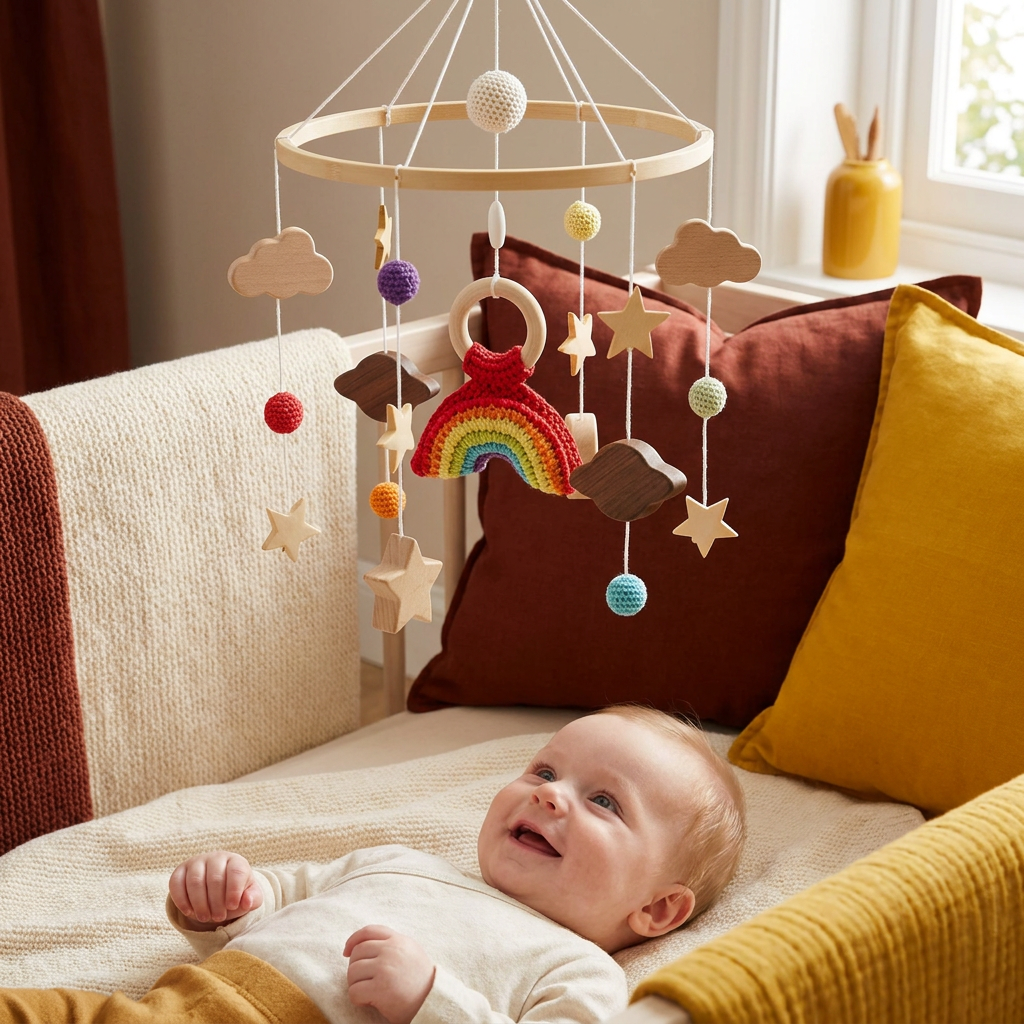 Handmade Wooden Baby Crib Mobile with Crochet Pendants – Soothing Bed Toy for Newborns