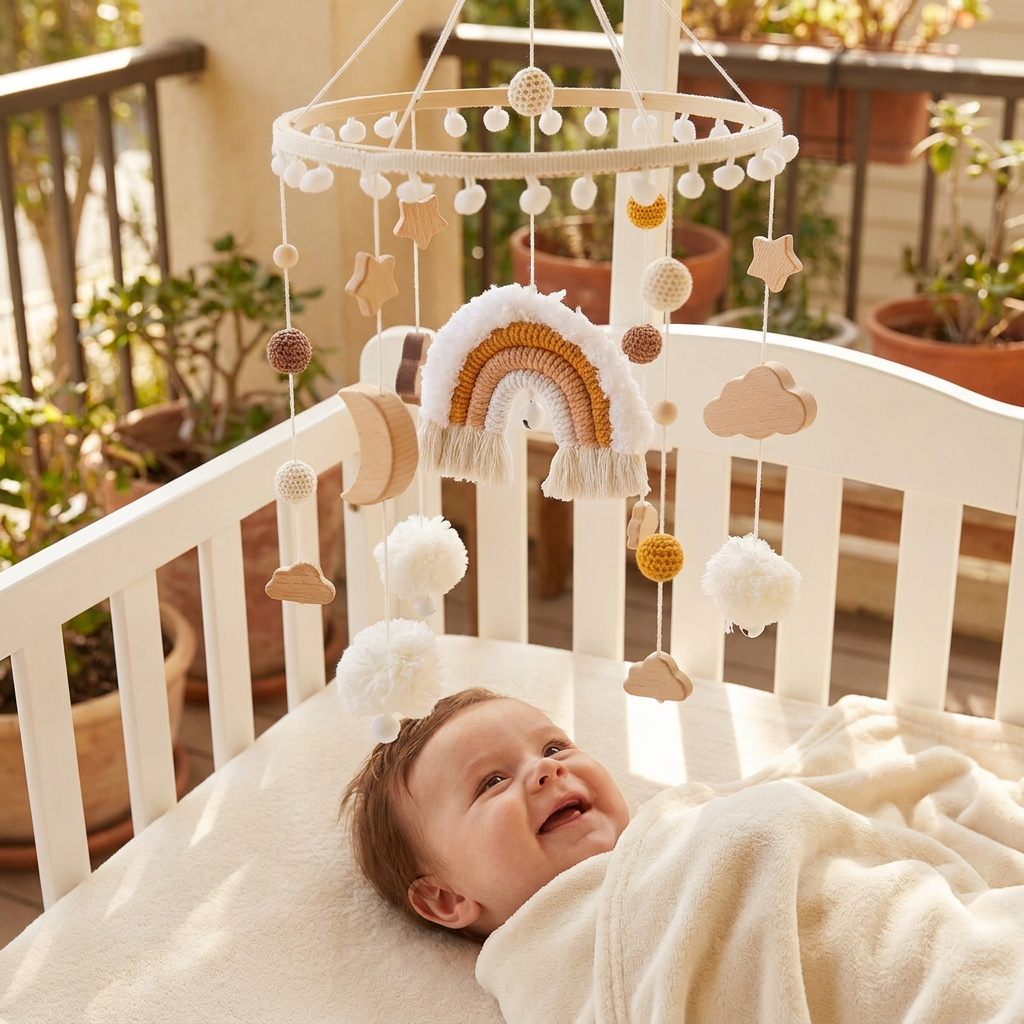 Handmade Wooden Baby Crib Mobile with Crochet Pendants – Soothing Bed Toy for Newborns