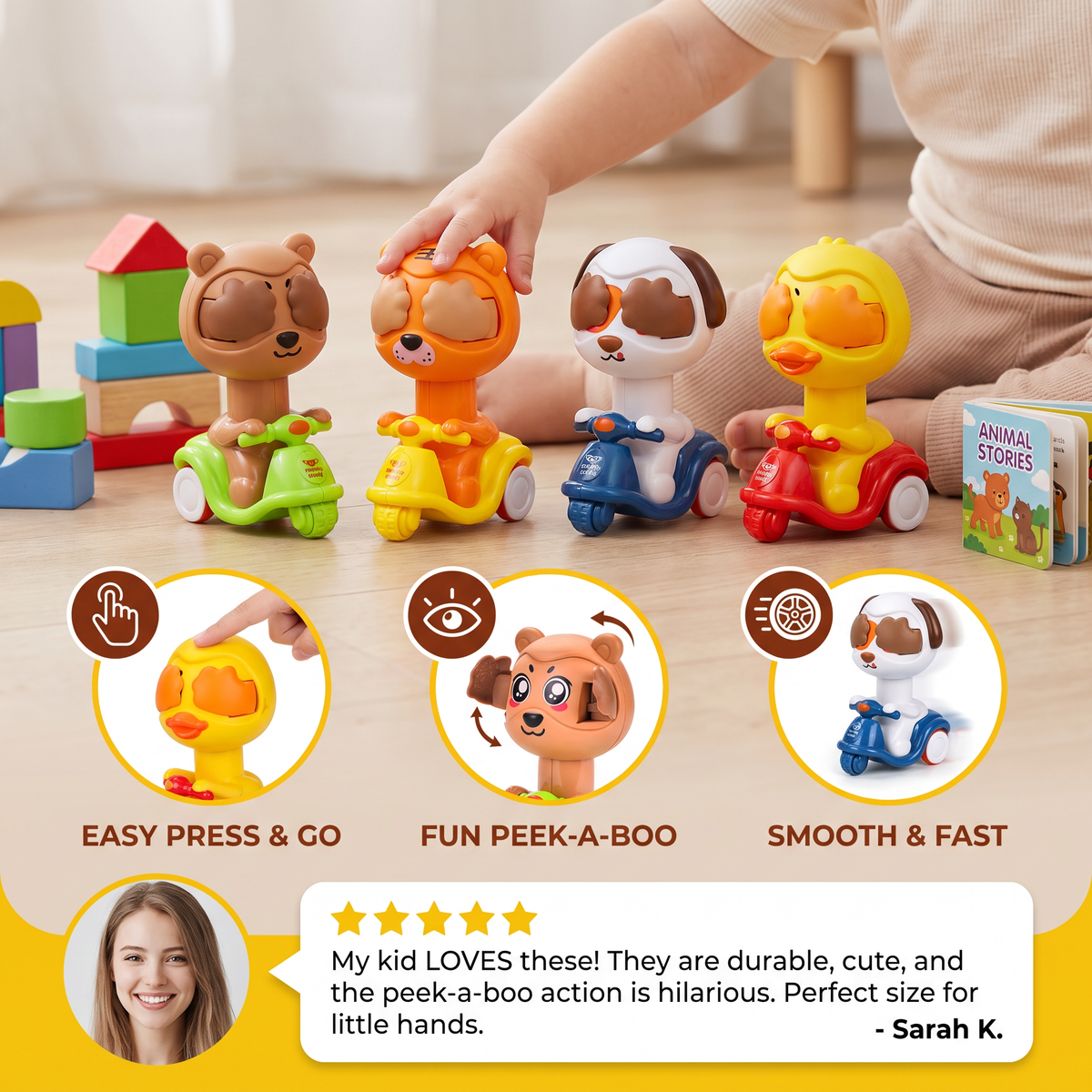 Press & Go Animal Motorcycle Toy – Cute Hide-and-Seek Character Car