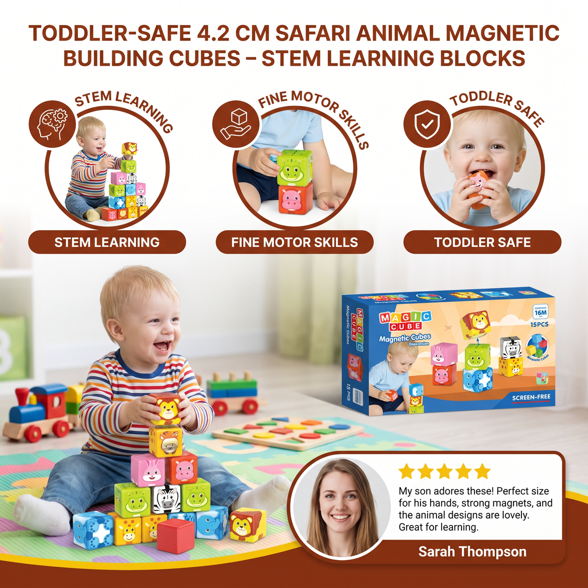 Toddler-Safe 4.2 cm Safari Animal Magnetic Building Cubes – STEM Learning Blocks