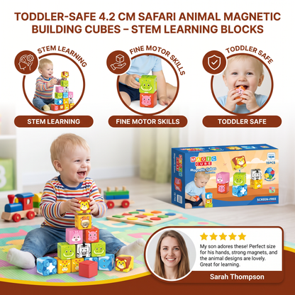 Toddler-Safe 4.2 cm Safari Animal Magnetic Building Cubes – STEM Learning Blocks