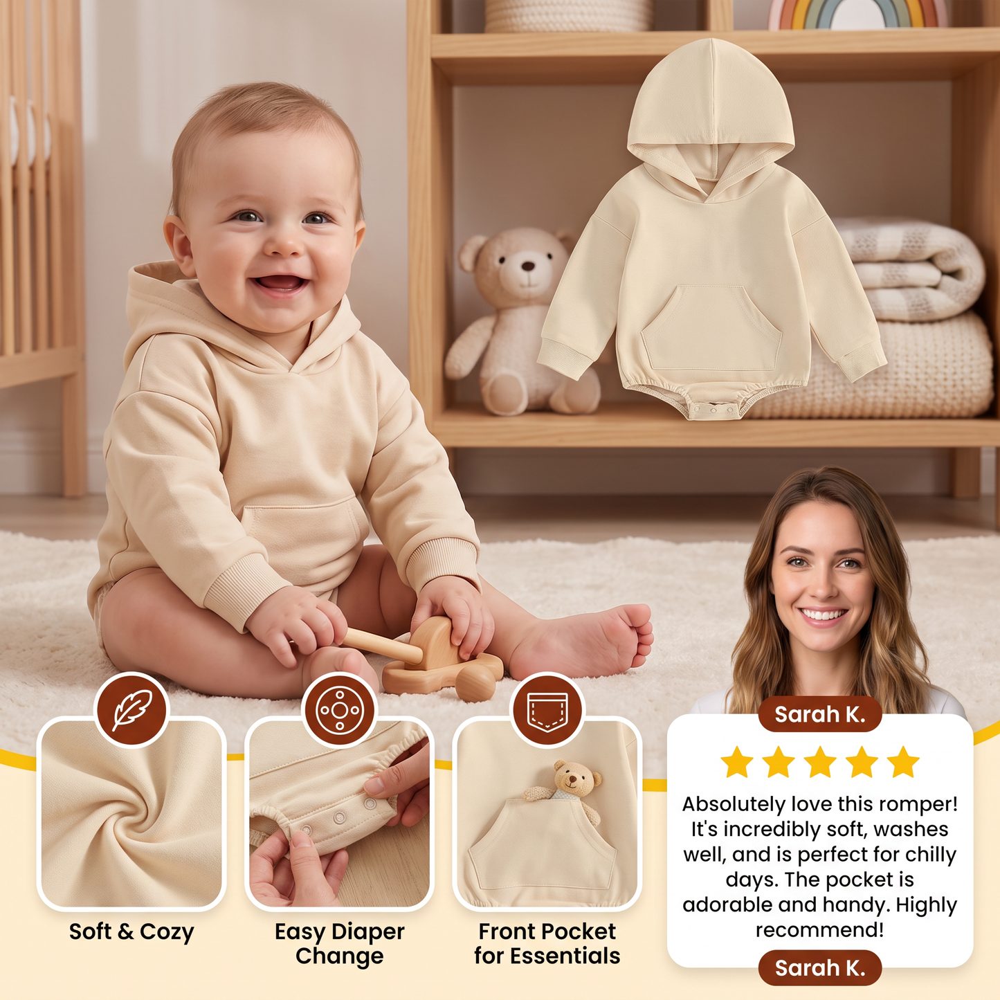 Hooded Baby Romper – Soft Long Sleeve Onesie with Front Pocket