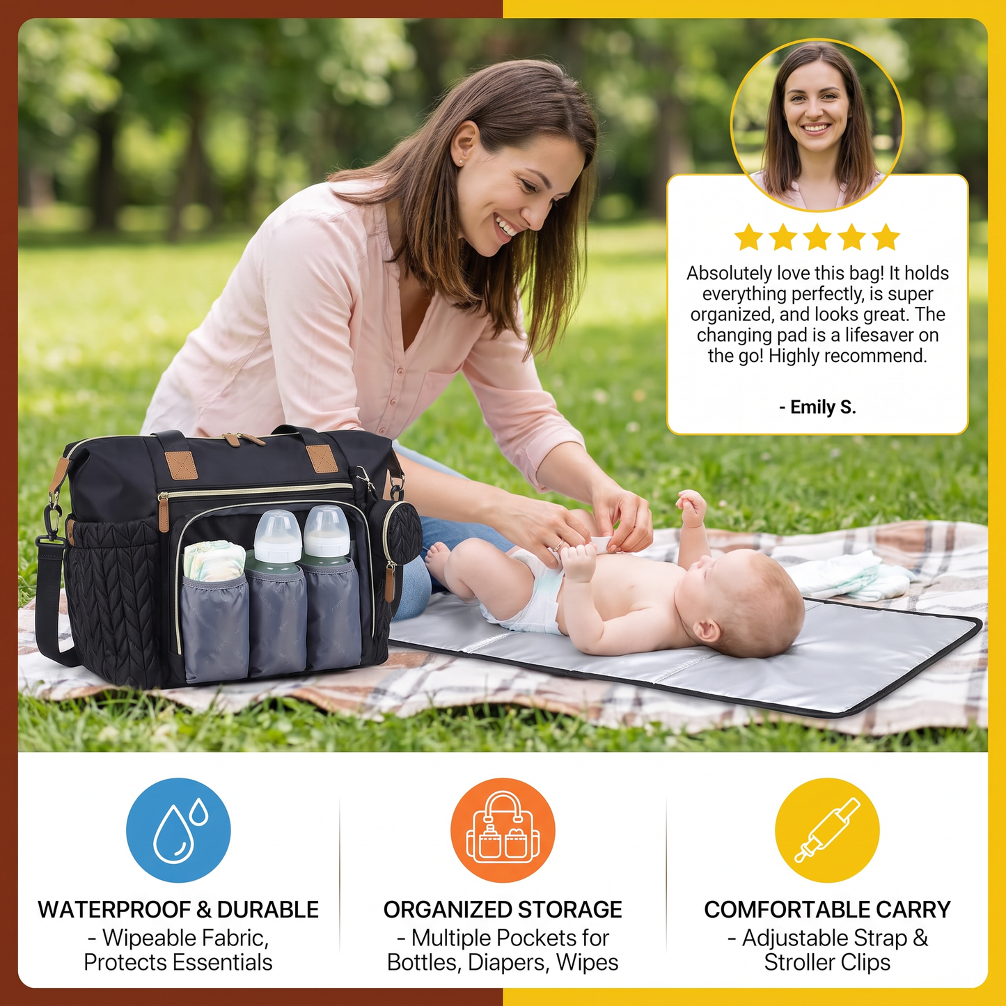 Lightweight Waterproof Diaper Tote Bag – Large Capacity with Changing Pad & Pacifier Case