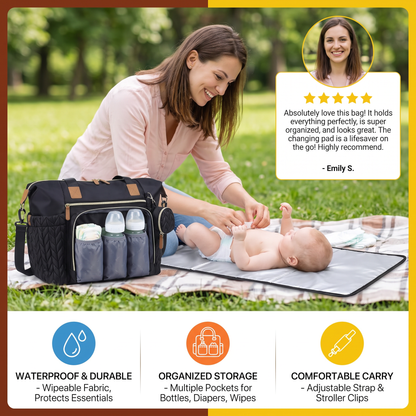 Lightweight Waterproof Diaper Tote Bag – Large Capacity with Changing Pad & Pacifier Case