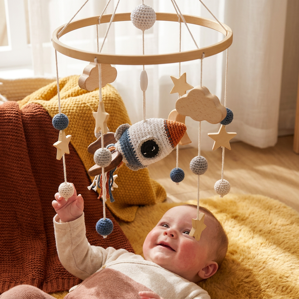Handmade Wooden Baby Crib Mobile with Crochet Pendants – Soothing Bed Toy for Newborns