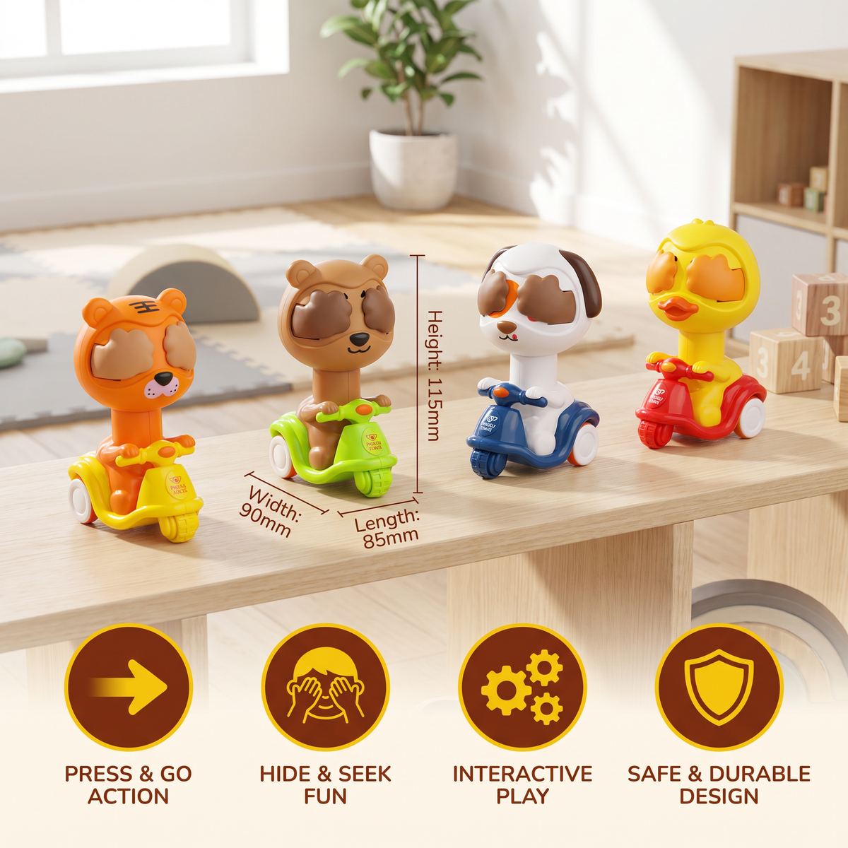 Press & Go Animal Motorcycle Toy – Cute Hide-and-Seek Character Car