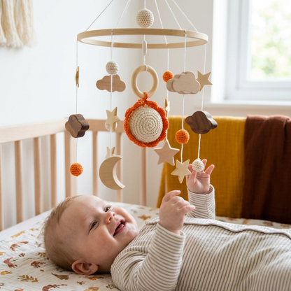 Handmade Wooden Baby Crib Mobile with Crochet Pendants – Soothing Bed Toy for Newborns