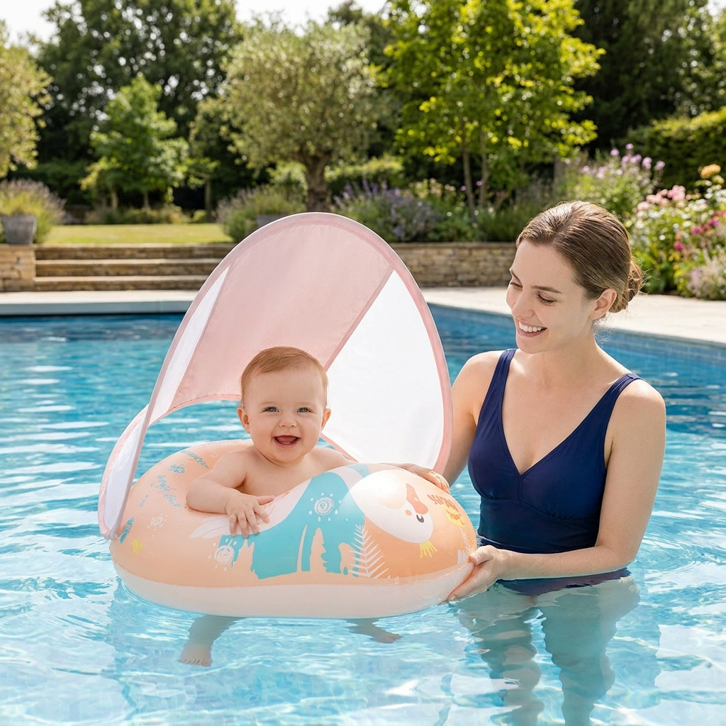 Swan Baby Swim Ring with Sun Canopy – Inflatable Safety Float Seat for Babies