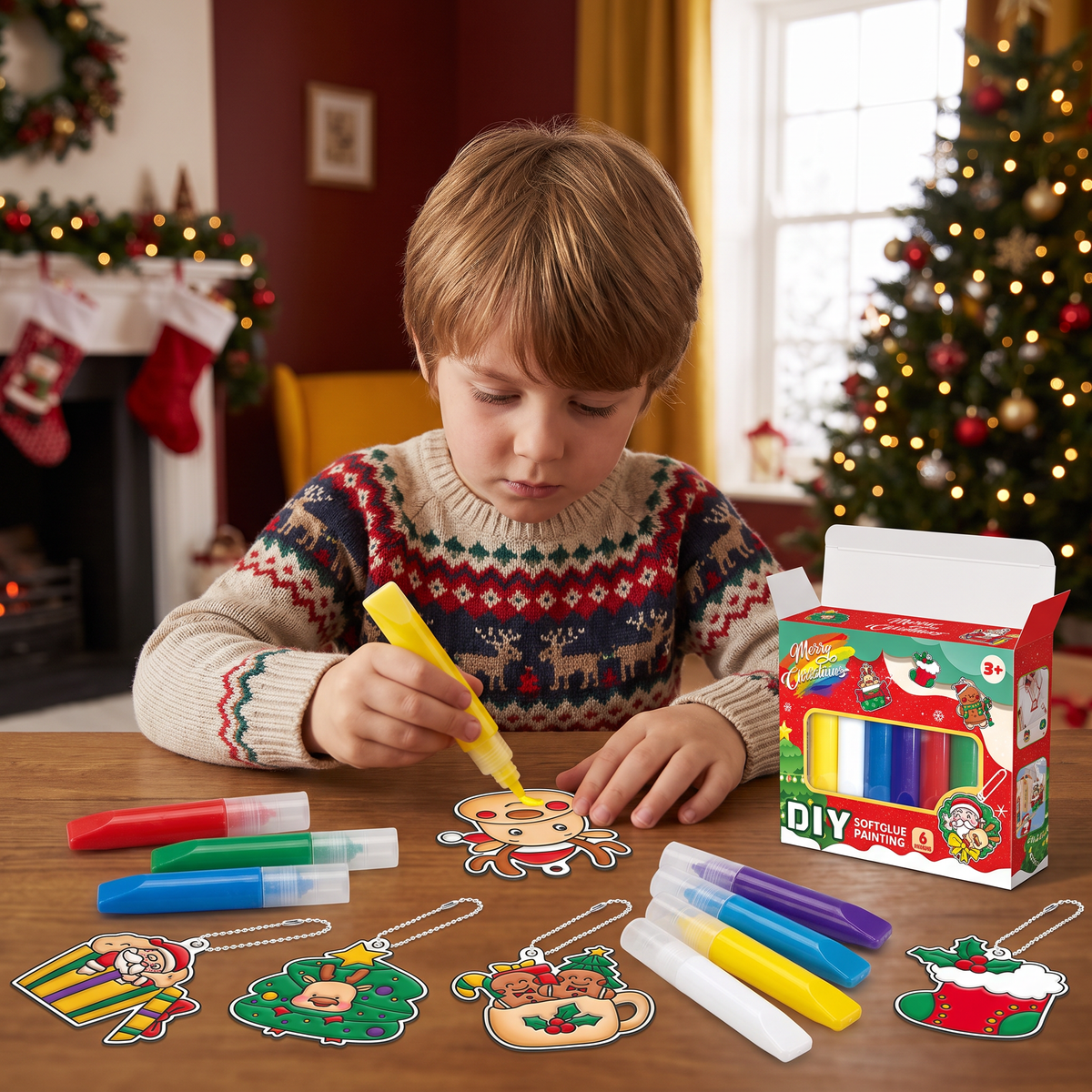 DIY Christmas No-Bake Glue Painting Ornament Craft Kit for Kids